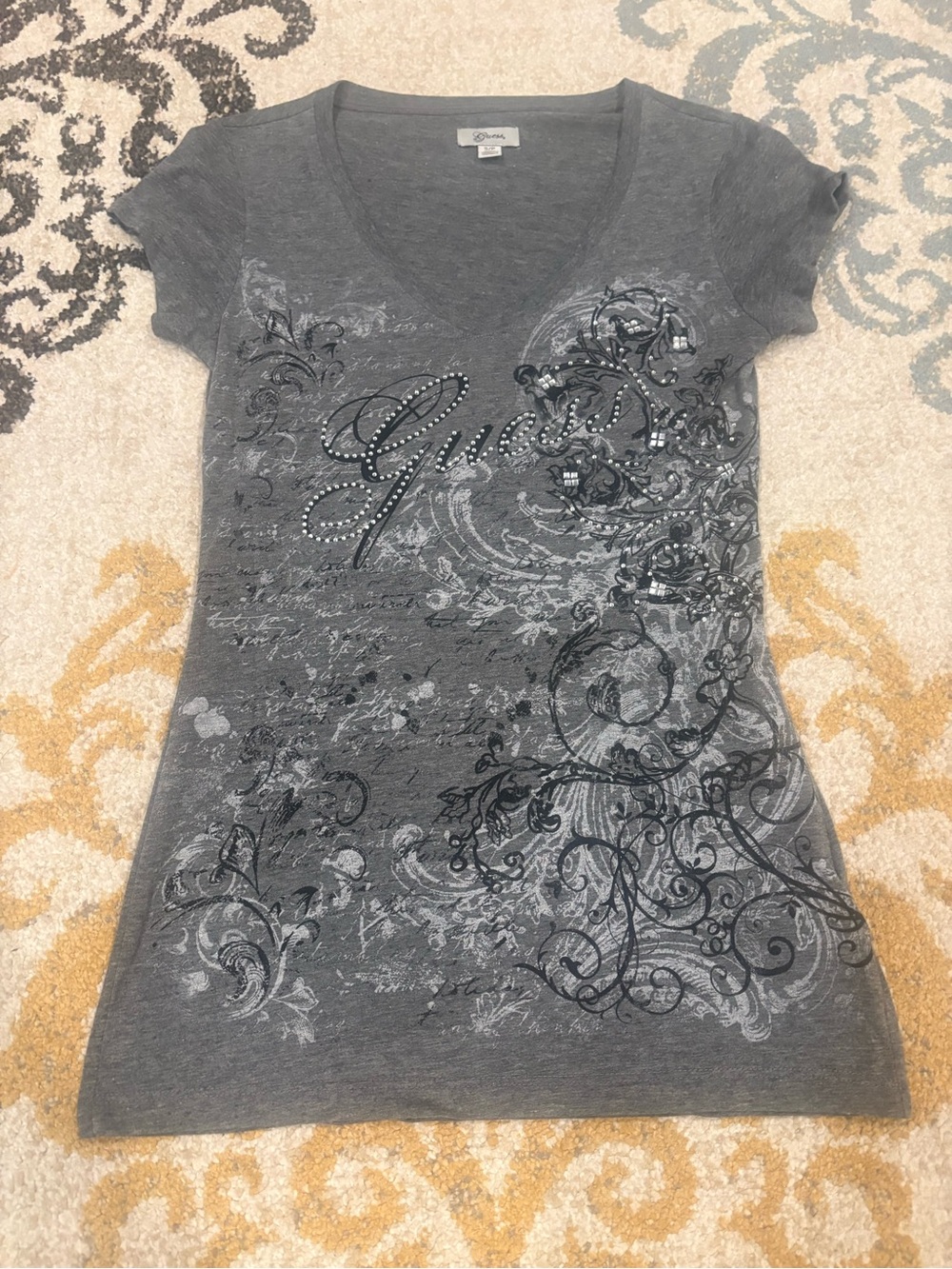 Guess Gray Embellished V-Neck Tee